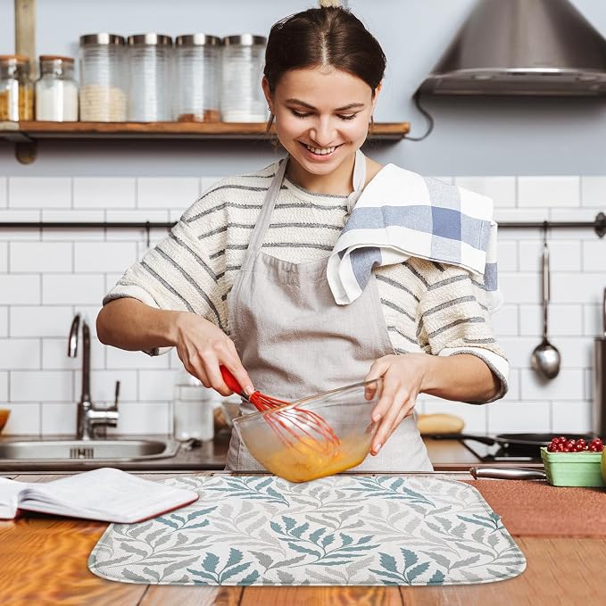 Sanwarm Absorbent Dish Drying Mat, Simple Silhouettes Leaves Microfiber Pad for Kitchen Counter, Coffee Bar Decor, Heat Resistant and Reversible, 16" x 18"