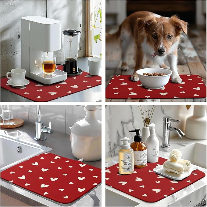 Valentine's Day Love Heart Dish Drying Mat for Kitchen Counter 16x18 Inch Valentine Theme Dish Mats Absorbent Microfiber Dish Draining Mat Reusable Washable Dish Drainer Rack Pad