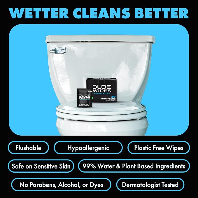 DUDE Wipes On-The-Go Unscented Travel Wipes - 2 Pack, 60 Count (Individually Wrapped) - Extra-Large Adult Flushable Wipes for Sensitive Skin - Infused with Vitamin E & Aloe - Septic and Sewer Safe
