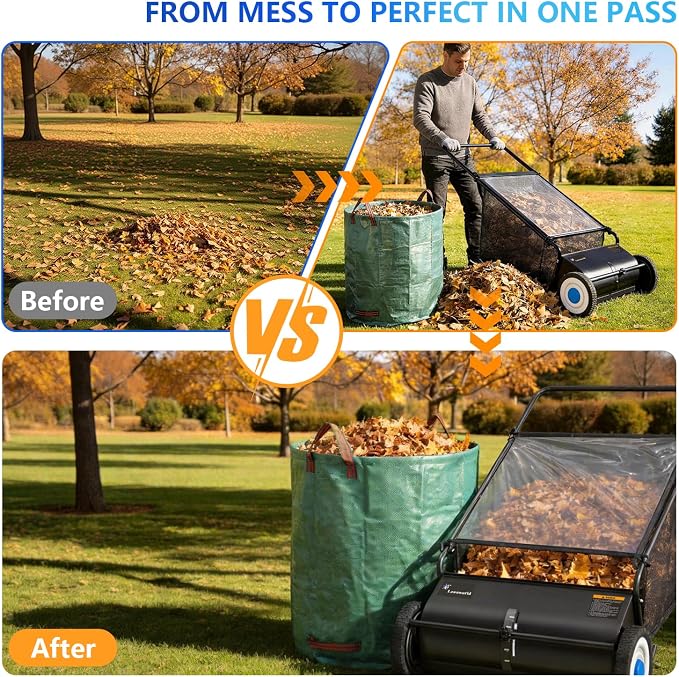 26 Inch Push Powered Garden Sweeper for Grass Clippings, Leaves & Debris – Manual Push Yard Sweeper