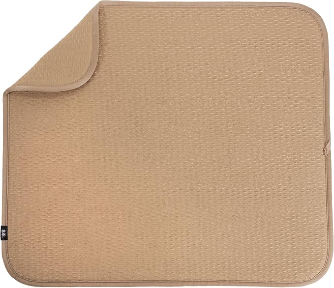 S&T INC. Dish Drying Mat, 16" x 18", Large, Diamond Texture, Tan | Absorbent Microfiber, Kitchen Counter Mat for Dishes, Utensils, Pots and Pans, Machine Washable