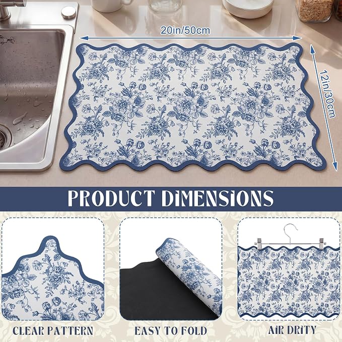 Scalloped Chinoiserie Blue Floral Dish Drying Mat 12"x20" Absorbent Coffee Mat Cuttable Hide Stain Non-slip Drying for Kitchen Counter Coffee Maker Espresso Machine