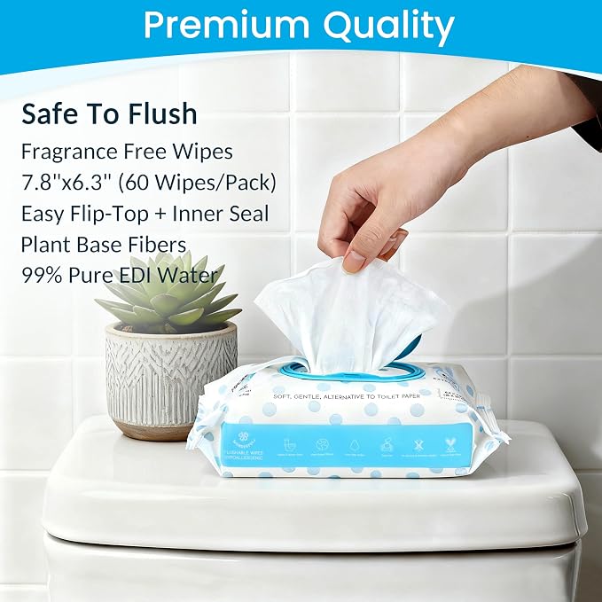 WONDERFUL Flushable Butt Wipes, Variety 100% Plant-Based Wet Wipes for Adults & Kids; Sewer, Septic Safe; Gentle on Sensitive Skin, Wipes Flushable Pack for Bathroom & Travel, 3-Pack (180 Count)