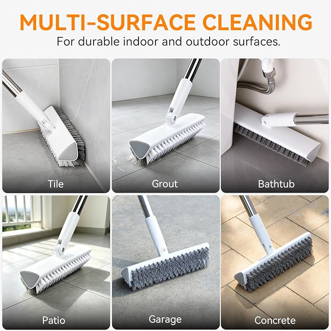 Scrub Brush with Long Handle, Extends to 55 in, Pivoting Triangle Head | Dual-direction stiff bristles work on push and pull strokes for bathtub, shower, tile, grout, patio and concrete