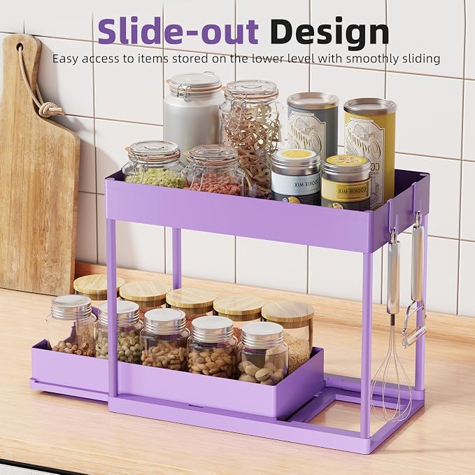 Simple Trending Under Sink Organizer 2 Pack, Sink Pull-Out Sliding Storage Cabinet, 2-Tier Under Shelf Organizer for Kitchen Bathroom, Purple