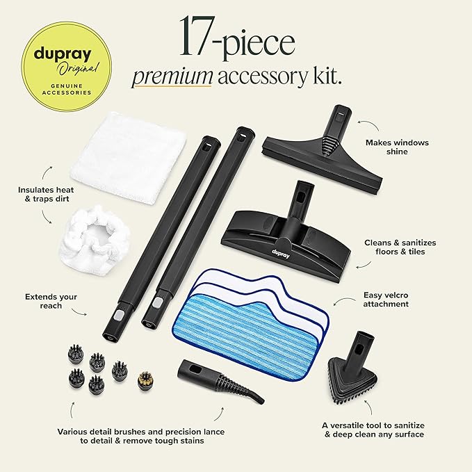 Dupray Neat Steam Cleaner for Home - Essential Pack | Powerful Multipurpose Steamer | Chemical-free cleaning for floor, car, wall, grout & kitchen | Steam mop | 17 Accessories
