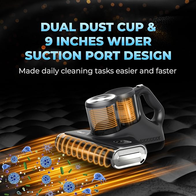 Rosewill Mattress Vacuum Cleaner: 450W 16Kpa Strong Suction, 253.7nm UV-C Light, Ultrasonic & High Heating Tech, Dual Dust Cup, Corded - Metallic Grey