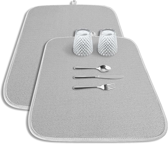 Kitsure Dish Drying Mat - 2-Pack Washable Microfiber Drying Mat for Kitchen Counter, 3-Layer Ultra Absorbent Pad with a Hanging Hook, 20" x 14", Light Gray