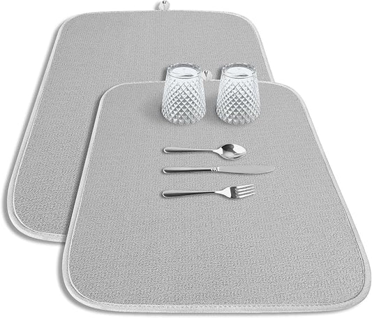 Kitsure Dish Drying Mat - 2-Pack Washable Microfiber Drying Mat for Kitchen Counter, 3-Layer Ultra Absorbent Pad with a Hanging Hook, 20" x 14", Light Gray