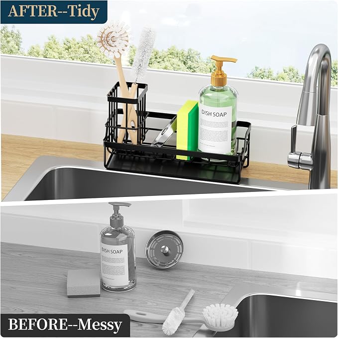 Consumest Sponge Holder for Kitchen Sink - Sink Caddy with Stainless Steel Self Drain Tray, Sink Organizer with High Brush Holder Countertop for Kitchen Sink Accessories, Black