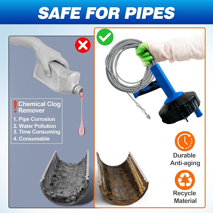 Drainsoon Auto Feed Drain Auger with Drill Adapter, 33 Feet Drain Snake Hair Clog Remover, Manual or Powered Plumbing Snake Drain Cleaner for Bathroom, Shower, Kitchen Sink, Comes with Gloves