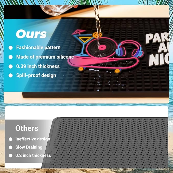 Neon Tiki Black Bar Mat 18 x 12 Inch - Thick Rubber Bar Mats for Countertop and Bartending - Professional Bar Spill Mat for Home Bar Accessories, Bar Cart Decor and Bartender Accessories （YDCW）