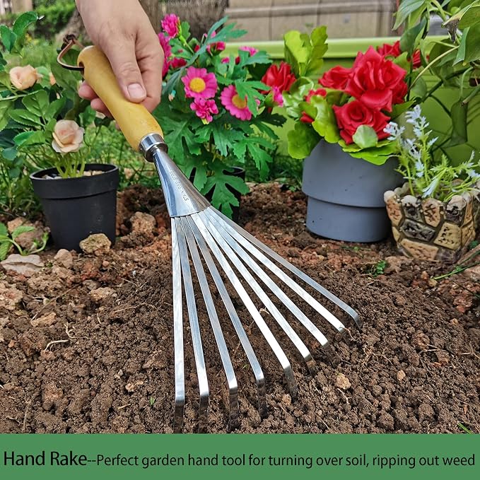Hand Rake, Small Rake for Gardening, Mini Rakes for Flower beds | Stainless Steel Small Garden Tool with Ergonomic Handle, Leaf Rake for Cultivating, Loosening Soil & Spreading Mulch