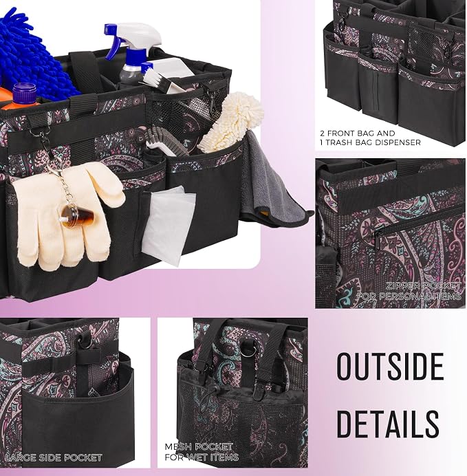 SCAVATA Wearable Cleaning Caddy, Cleaning Caddy Supplies Organizer with Handle & Shoulder Straps for Housekeepers, Under Sink & Car Cleaning Tool Organizers Bag with 4 Foldable Divider (Totem)
