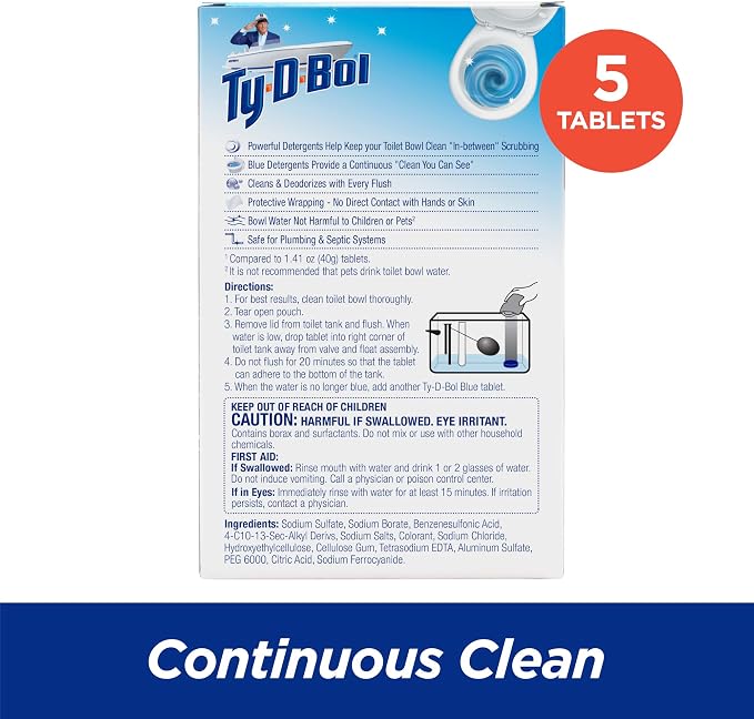 Ty-D-Bol Toilet Bowl Cleaner Tablets, Bleach-Free, 5 Pack | Automatic Drop-In, Removes Hard Water Stains, Removes Limescale, Removes Mineral Buildup