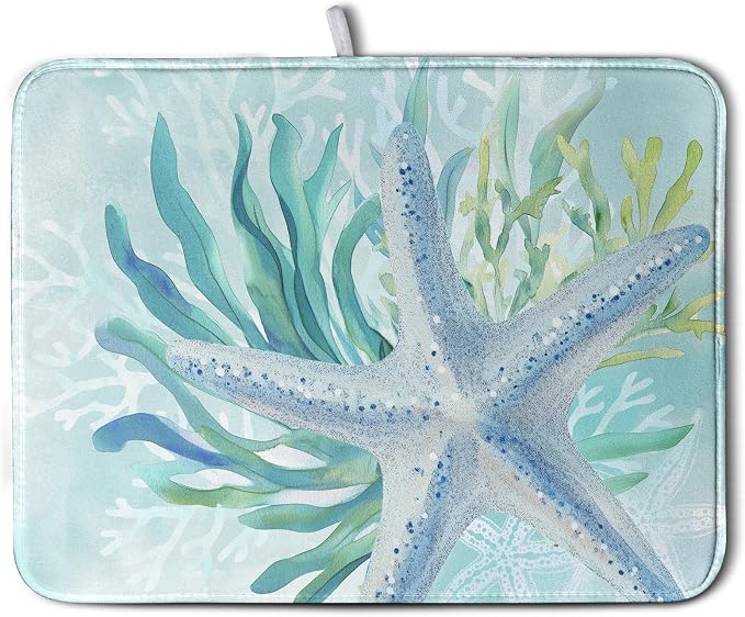 Summer Coastal Dish Drying Mats for Kitchen Counter Nautical Beach Starfish Coral Drying Pad Ocean Teal Blue Dish Draining Mats Absorbent Microfiber Dish Drainer Rack Mat Extra Large 18"x24"