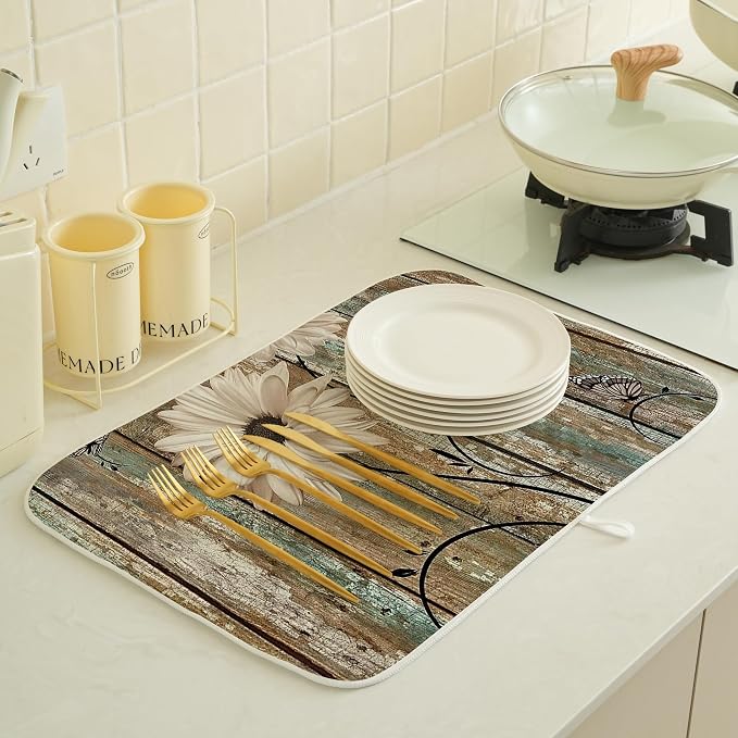 Floral Dish Drying Mat 18x24 Inches For Kitchen Counter Brown Daisy Flower Kitchen Decoration Drying Mat Decorative Floral Drying Pad for Kitchen Dining Room Decor