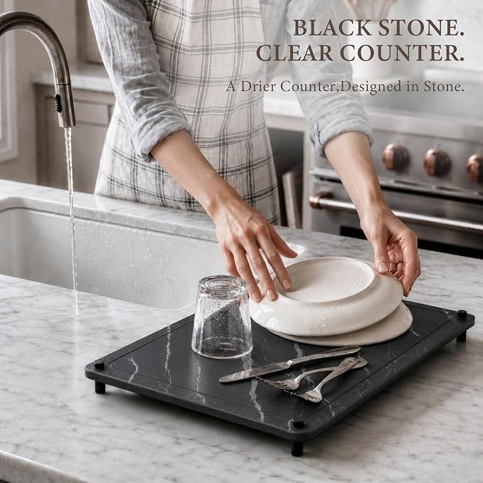 Stone Drying Mat for Kitchen Counter 16"x12", Black Stone Dish Drying Mat, Quick Dry Stone Drying Mat & Drying Stone for Kitchen Counter, Diatomaceous Earth Board, Absorbent, Non-Slip Easy Clean