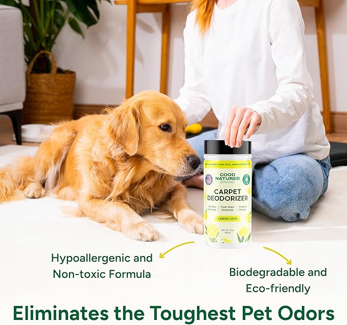 Good Natured Brand | Carpet Freshener & Deodorizer Powder | 16 oz Pet Odor Eliminator for Strong Odor & Pet Urine | Fresh Natural Lemon Scent | Safe for Homes with Pets
