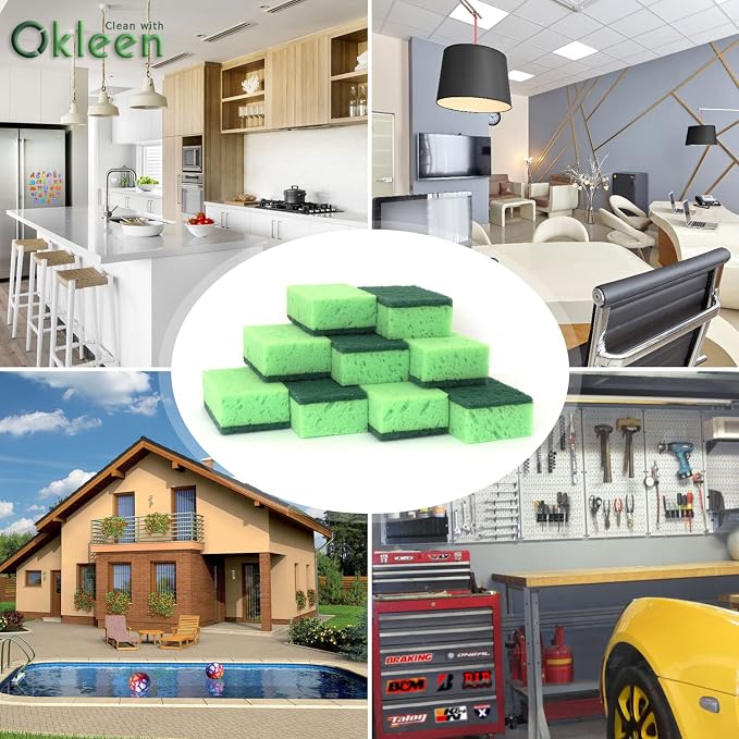 Green Multi Use Scrub Sponge. Made in Europe. 18 Pk, 4.3x2.8x1.4 inches. Odorless Heavy Duty and Non Scratch Fiber. Thick, Durable and Delicate Scrubber for Pans, Bowls, Jars, Sink, Floor