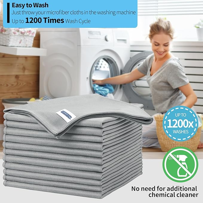 Microfiber Cleaning Cloth, 12 Pack Window Glasses Cleaning Cloth, Reusable Lint-Free Streak Free Polishing Cloth Wipes for Stainless Steel, Eyeglasses, Mirrors, Screens & Lenses,12"*12" Grey