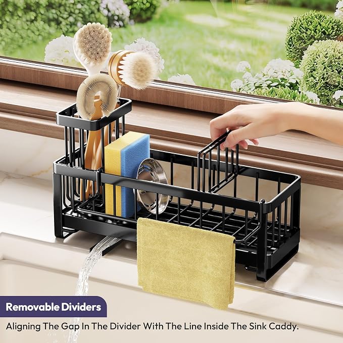 SWTYMIKI Sponge Holder for Kitchen Sink - Sink Caddy with Brush Holder Self-draining Sponge Caddy Organizer with Divider Stainless Steel Kitchen Accessories Storage for Countertop, Black - Large