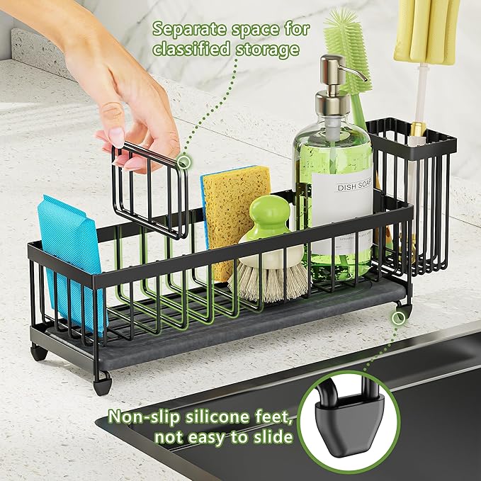 Cisily Extra Large Sink Caddy Organizer with Drying Stone, Black Sponge Holder for Kitchen, Dish Brush Holder for Countertop, Kitchen Decor Storage and Essentials