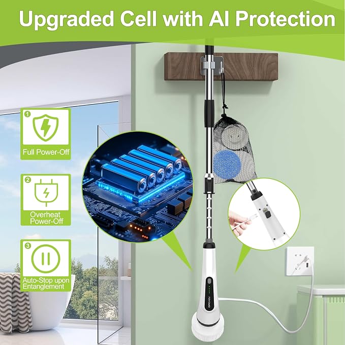 Dreazu Electric Spin Scrubber, 10-in-1 Shower Scrubber & Retractable Long Handle, 44 lbs High-Torque & Variable Speed Shower Cleaning Brush for Bathroom,Toilet, Bathtub, Kitchen, Tile Floors