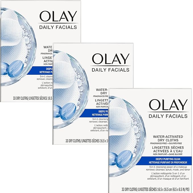 Olay Daily Facial Cleansing Cloths for a Deeply Purifying Clean, Makeup Remover, 33 Count (Pack of 3)