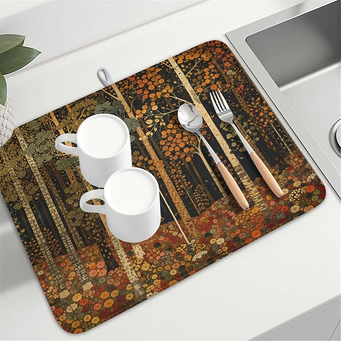 Fall Dish Drying Mat for Kitchen Counter Autumn Forest Vintage Botanical Nature Microfiber Dish Drainer Mat Antique Rustic Farmhouse Absorbent Washable Drying Pad 18"x24"