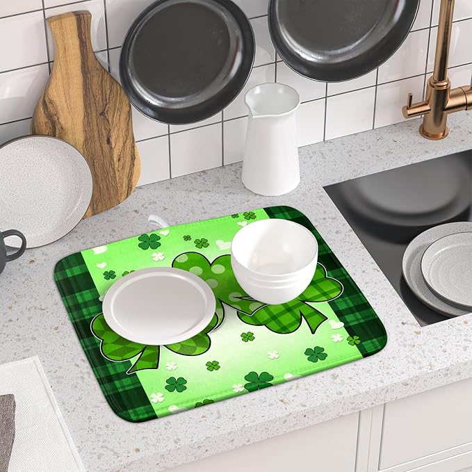 St Patrick's Day Shamrocks Dish Drying Mat 16x18 Inch - Lucky Clovers Kitchen Spring Irish Green Buffalo Check Plaid Pad - Absorbent Microfiber for Coffee Bar