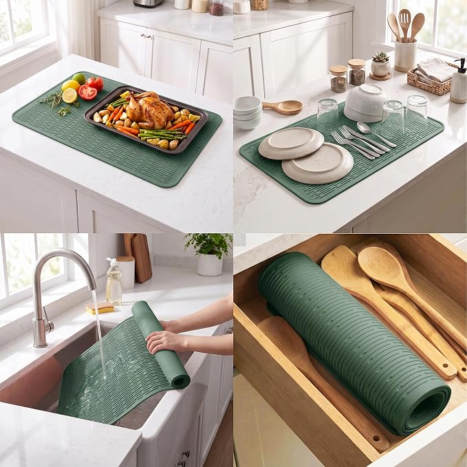 MicoYang Silicone Dish Drying Mat for Multiple Usage,Easy clean,Eco-friendly,Heat-resistant Silicone Mat for Kitchen Counter or Sink,Refrigerator or Drawer Liner Green 4XL 32 inches x 18 inches