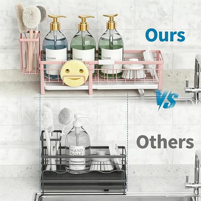 Aurblozen Extra Large Extendable Sponge Holder for Kitchen Sink, Rustproof Sink Caddy Organizer with High Brush Holder, Dish Soap Dispenser Organizers and Storage (Pink)