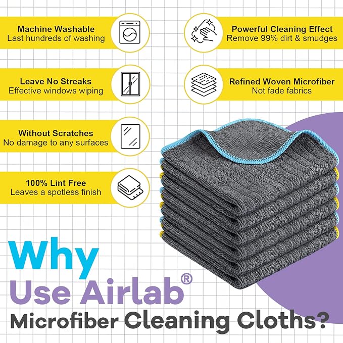 Airlab Glass Polishing Streak Free Miracle Cleaning Cloth, Grey-Yellow Blue | Lint Free Microfiber Cleaning Rags for Glasses Kitchen Dish Mirrors Easy Clean, 12 x 12 Inches, Pack of 6
