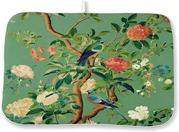 Chinoiserie Dish Drying Mat 18 x 24 Inch Vintage Green Bird Floral Drying Mat for Kitchen Counter Absorbent Spring Summer Green Dishes Dry Pad for Drainer Rack Kitchen Fast Dry