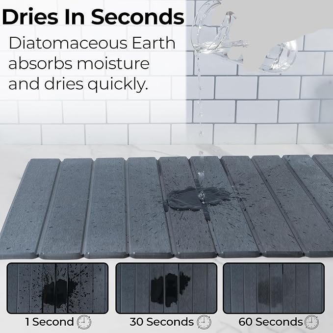Large Stone Dish Drying Mat for Kitchen Counter 24" x 16" – Diatomaceous Earth Quick Dry Water Absorbing Mat –Roll up Drying Pads – Countertop Mats For Plates Dishes Rack –Matt Finish -Dark Gray