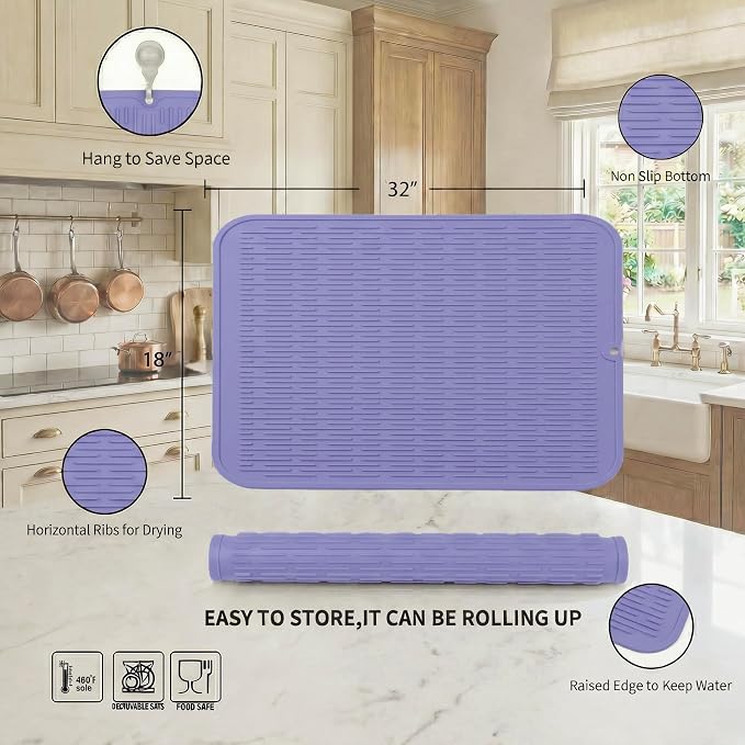 MicoYang Silicone Dish Drying Mat for Multiple Usage,Easy clean,Eco-friendly,Heat-resistant Silicone Mat for Kitchen Counter or Sink,Refrigerator or Drawer Liner Light Purple 4XL 32 inches x 18 inches