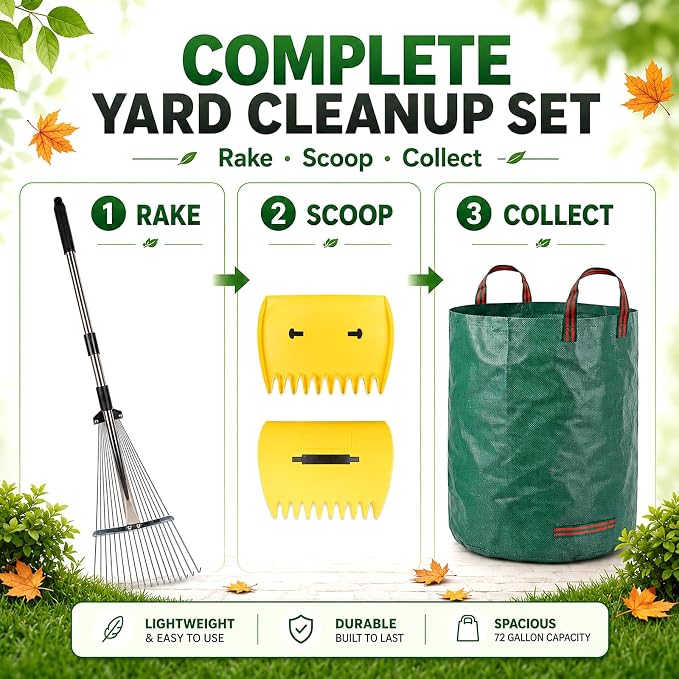 Leaf Collector Garden Rake Set - Adjustable 18 Tines Leaf Rakes & Leaf Picker Upper & 72 Gallon Lawn Waste Bag, Heavy Duty Collect Rake, Hand Leaf Scoop, Brown Paper Dumpster, Yard Gardening Tool