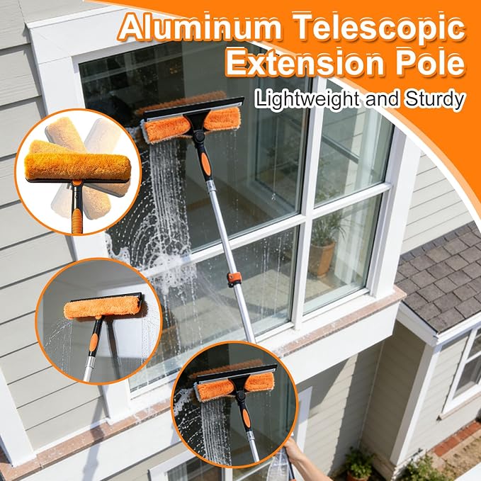 30FT High Window Cleaning Kit, 5-24 FT Telescoping Extension Pole with Dual Action Flip-Lock & Screw Fixing Design, 2-in-1 Window Squeegee, Professional Long Handle Washing Tool for High Windows