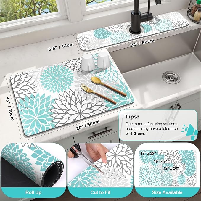 Findosom 2PCS 12" x 20" Dish Drying Mat & 24" x 5.5" Sink Splash Guard, Super Absorbent & Cuttable Dish Mat Drying Kitchen Mat with Teal Floral, Hide Stain Drying Mat for Kitchen Counter