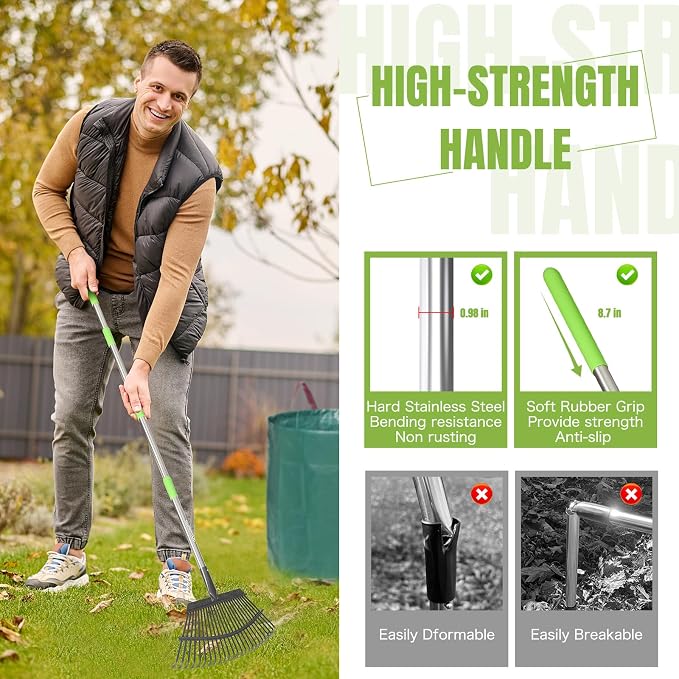 65 Inch 25 Tines Metal Leaf Rake Set with 32 Gal Bags Scoops, 18in Wide | Heavy duty lawn rake, Garden leaf collector, Yard clean up tool, Metal tines rake, Camping gear, Shrub rake, Weed remover