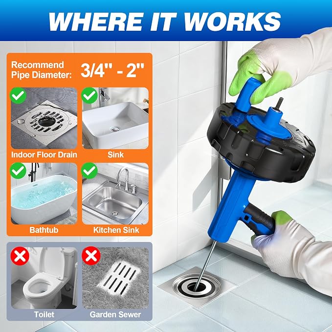 Drainsoon Auto Feed Drain Auger with Drill Adapter, 33 Feet Drain Snake Hair Clog Remover, Manual or Powered Plumbing Snake Drain Cleaner for Bathroom, Shower, Kitchen Sink, Comes with Gloves
