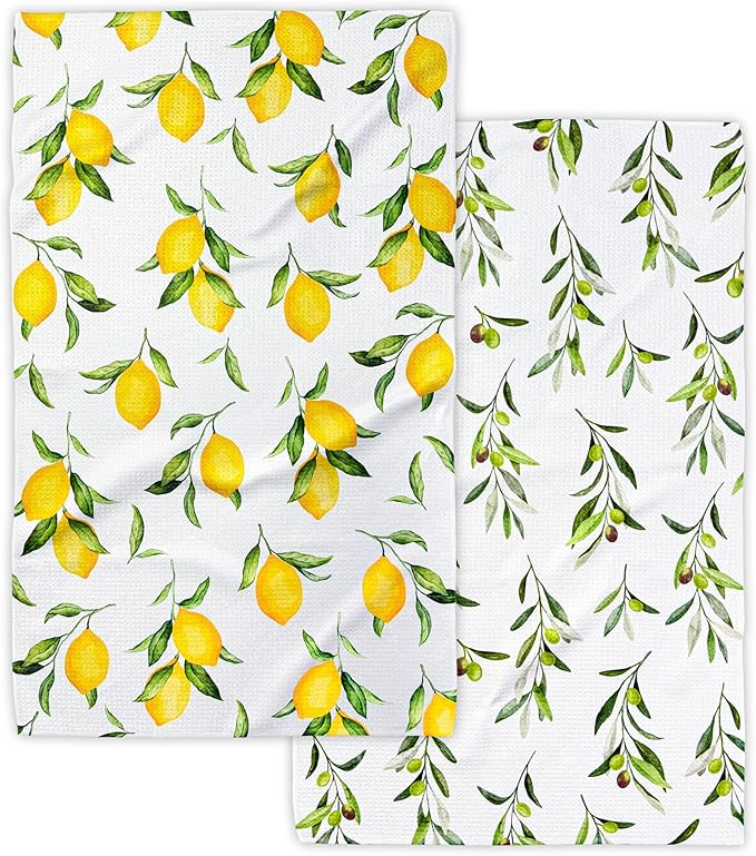 Eulnars Kitchen Towels, Premium Dish Towels for Kitchen Drying, 18" x 30" Microfiber Kitchen Towel Set, Quick Dry Tea Towels, Watercolor Lemon Series, 2-Pack