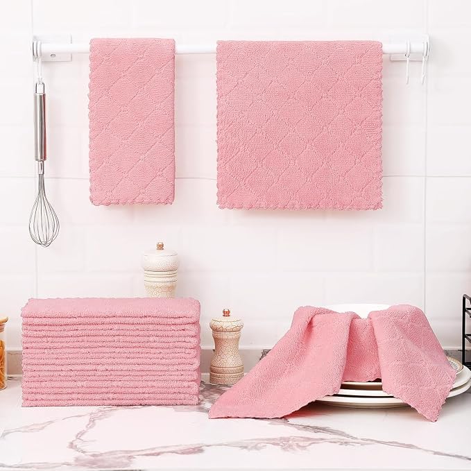 Homaxy 12 Pack Dish Towels for Kitchen (10 x 20 Inches, Pink), Super Soft and Absorbent Coral Velvet Dish Cloths for Washing Dishes, Nonstick Oil Fast Drying Microfiber Cleaning Cloth
