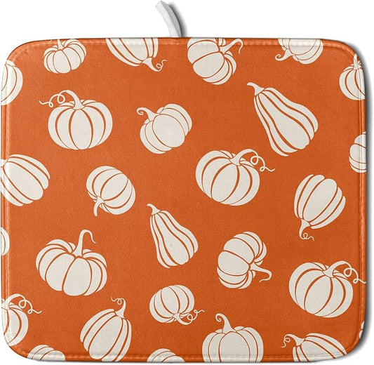 Fall Dish Drying Mat for Kitchen Counter Autumn White Pumpkins Festival Microfiber Absorbent Dish Draining Reusable Washable Foldable 16"x18"