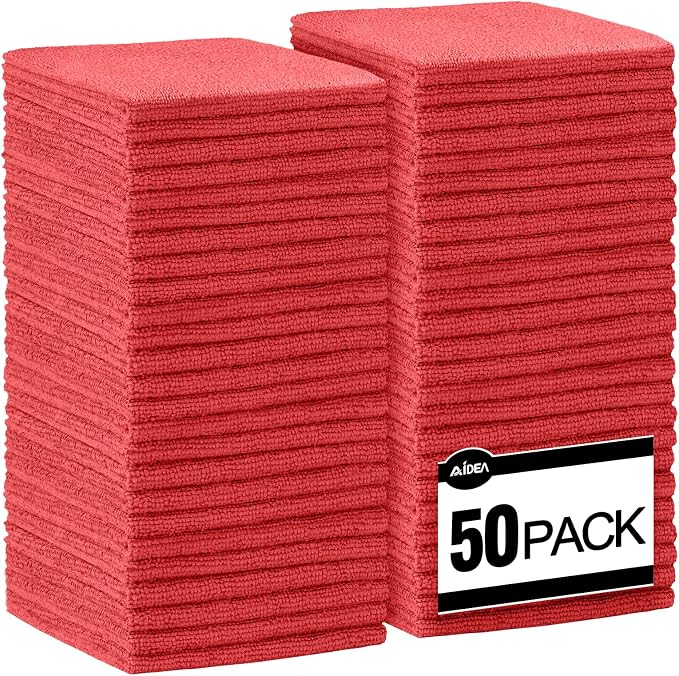 AIDEA Microfiber Cleaning Cloth Red-50PK, Soft Absorbent Shop Rags, Microfiber Towels for Cars, Kitchen Towels, Dusting Cloth for Home, Window, Cleaning Supplies, 12"×12"