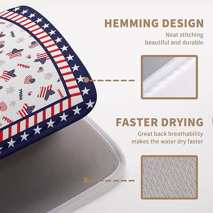 4th of July Dish Drying Mats for Kitchen Counter Patriotic Independence Day Kitchen Dishes Dryer Pad Stars Absorbent Dish Mat Microfiber Washable Foldable Reusable Large 18x24 in