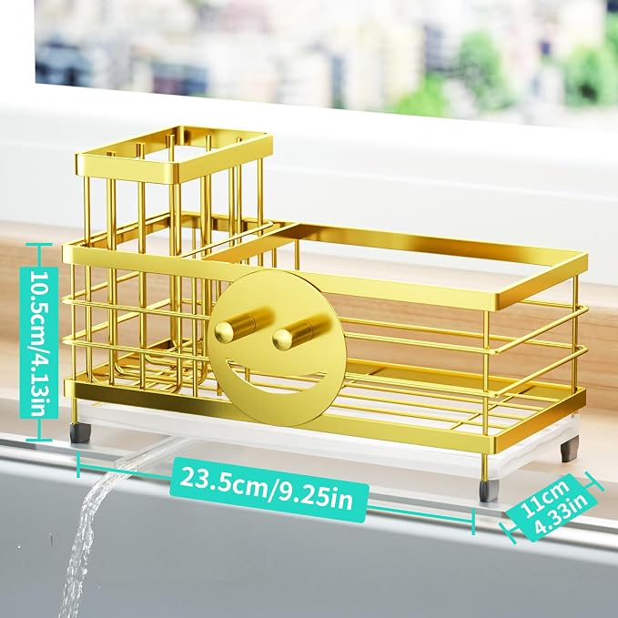 HapiRm Sink Caddy Sponge Holder - Self-draining Kitchen Sink Organizer with Smiley Face and Brush Holder, Stainless Steel Kitchen Organizer for Countertop - Gold