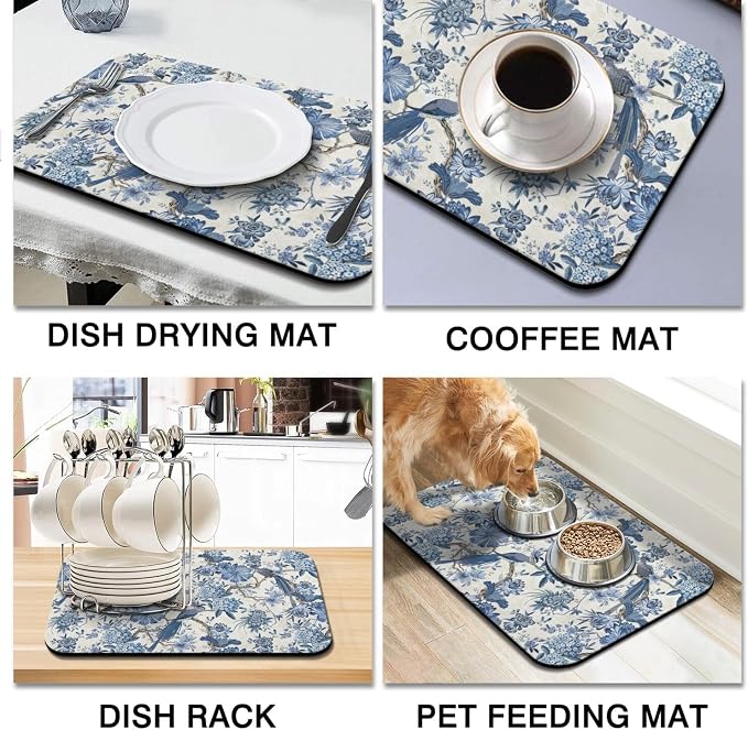 Dish Drying Mat 2-Pack, Chinoiserie For Kitchen Counter Absorbent Dishes | Diatom Mud Mats (18x24, 19.5x12"). Non-slip rubber back for kitchen counter, coffee bar & sink scenes