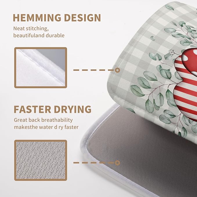 Valentines Day Dish Drying Mat Valentine Buffalo Plaid Eucalyptus Hearts Dishes Dryer Pad for Kitchen Countertops Microfiber 18x24 Inches